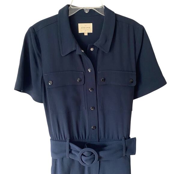 Sezane Manhatt Navy Blue Belted Jumpsuit size 36 US 4 - Picture 3 of 8
